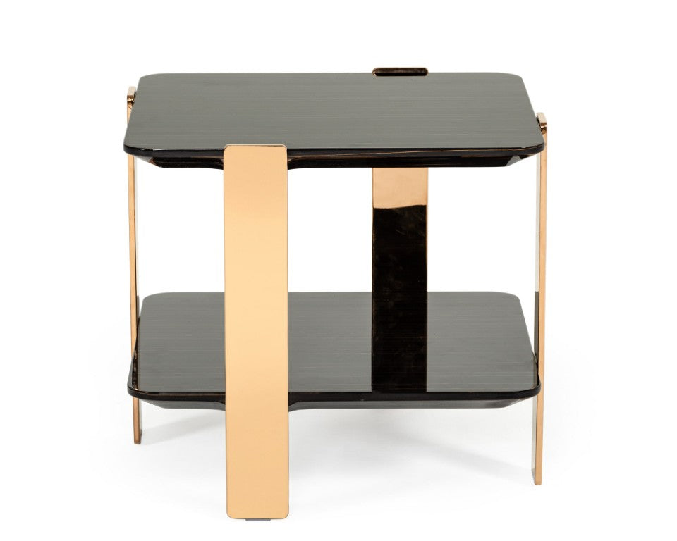 VIG Furniture Leroy Ebony High-Gloss End Table With Rosegold Stainless Legs, Two-Tier Art Deco Accent (24") VGHB280B-EBN