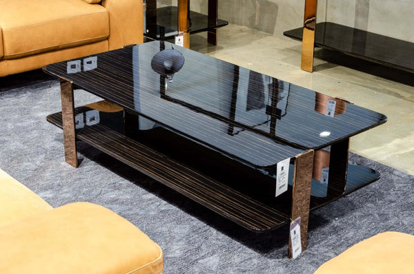 VIG Furniture Leroy Ebony High-Gloss Coffee Table With Rosegold Stainless Legs, Rectangular Modern Centerpiece VGHB280D-EBN