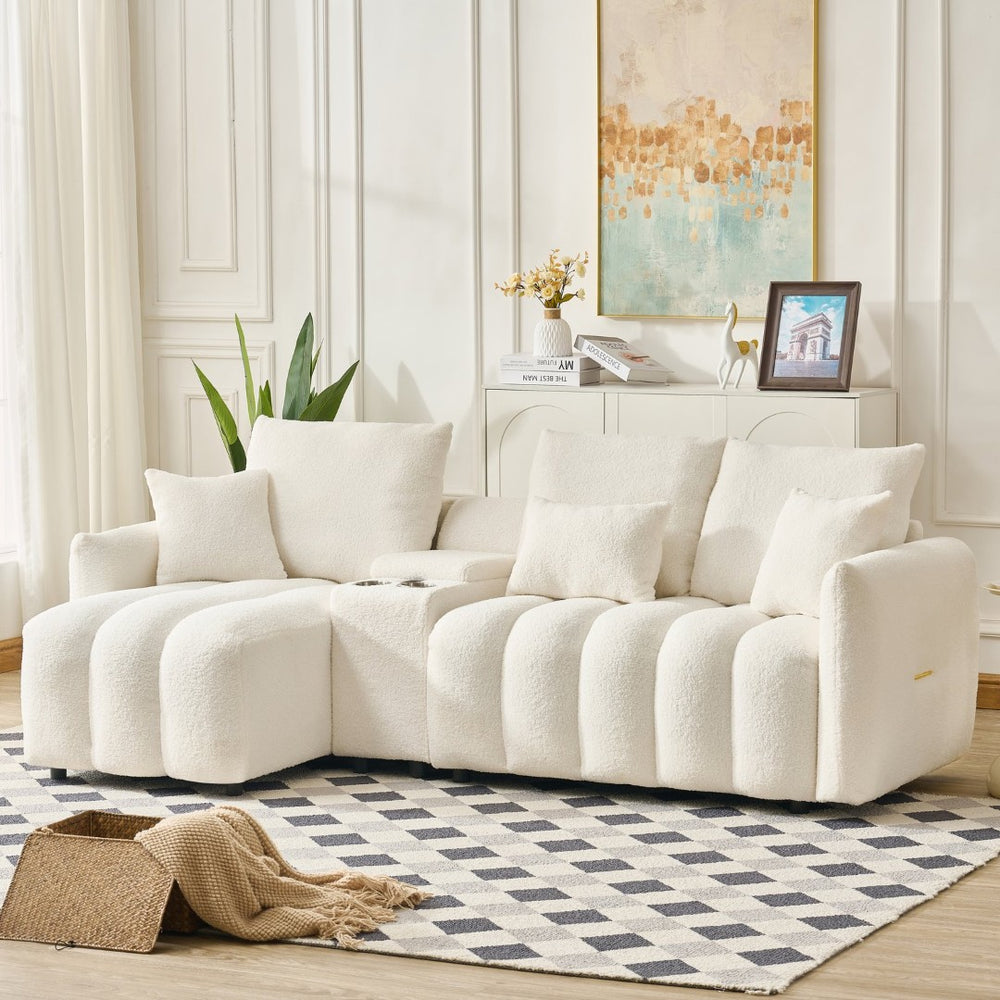English Elm 92-inch Teddy Fleece L-shaped Sectional Sofa with Usb Console for Living Rooms W2564S00034