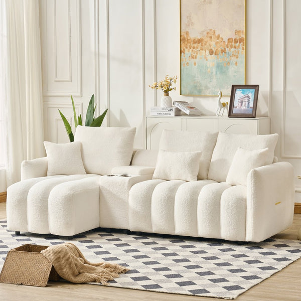 English Elm 92-inch Teddy Fleece L-shaped Sectional Sofa with Usb Console for Living Rooms W2564S00034