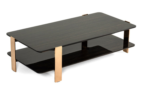 VIG Furniture Leroy Ebony High-Gloss Coffee Table With Rosegold Stainless Legs, Rectangular Modern Centerpiece VGHB280D-EBN