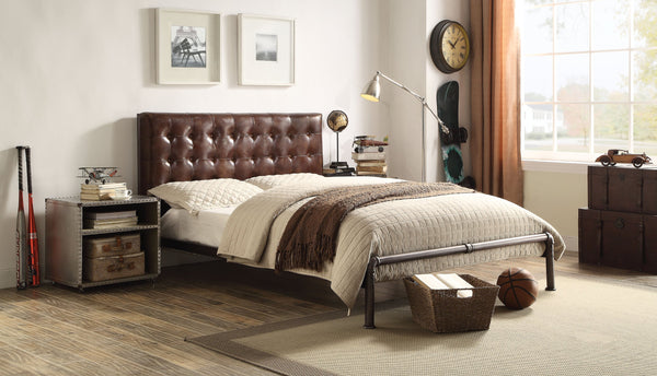 English Elm Brancaster Vintage Brown Queen Bed - Top Grain Leather Button Tufted Headboard, USB Nightstand, 660lb Capacity B2726S00449