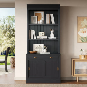 English Elm 83.4"Tall Modern Bookshelf With Sliding Doors, Adjustable Open Shelves For Home Office & Living Room N751S323420B