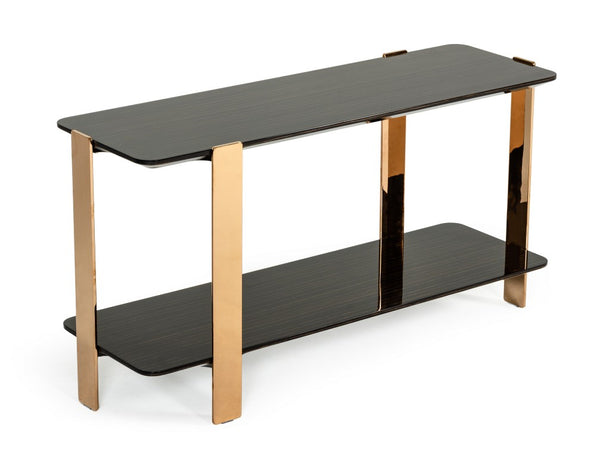 VIG Furniture Leroy Two-Tier Console Table In High-Gloss Ebony With Rose Gold Stainless Legs, Curved Corners (W55") VGHB280X-EBN