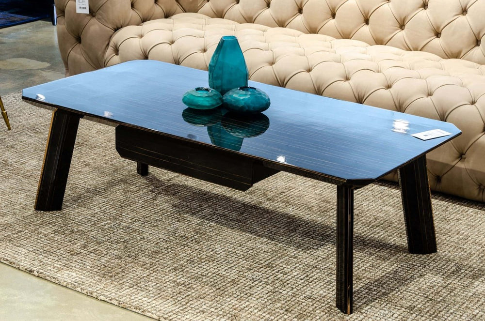 VIG Furniture Chadwick High-Gloss Ebony Coffee Table With Rosegold Stainless Trim, Drawer Storage, Modern Centerpiece VGHB297D-EBN