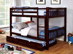 English Elm Transitional Full Over Full Bunk Bed - Solid Wood, Dark Walnut, Attached Ladder & Trundle Option! B2741S00352-GIGA