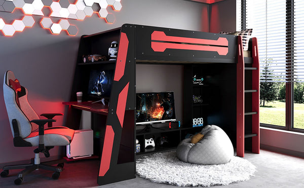 English Elm Twin Gaming Loft Bed with Desk Rgb Lighting and Multi-tier Shelves for Teen Rooms Red LT000160AAR