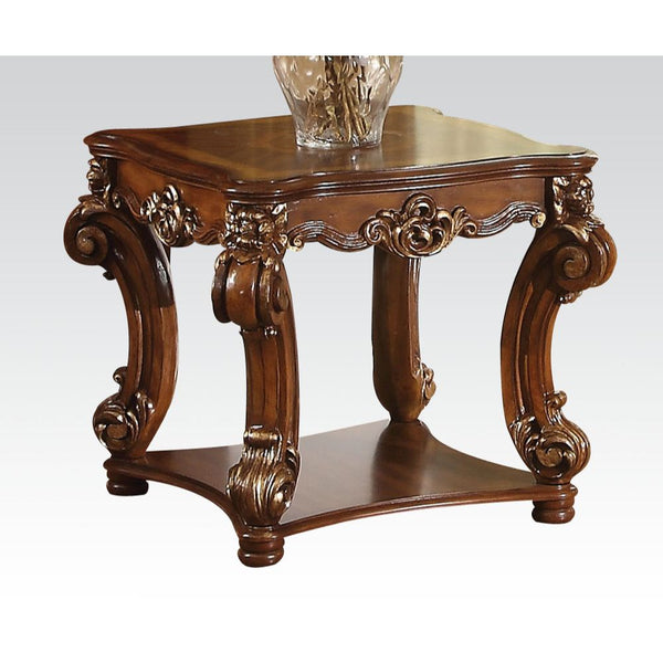 English Elm Cherry Scrolled End Table with Bottom Shelf, Cherry Finish Square Top, Elegant Trim, Storage Surface B062P209123