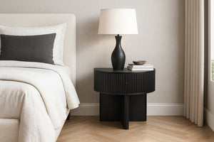 Meridian Furniture Cortland Fluted Acacia Wood Nightstand Mid-century Modern Bedside with Drawer and Storage Black 748Black-NS