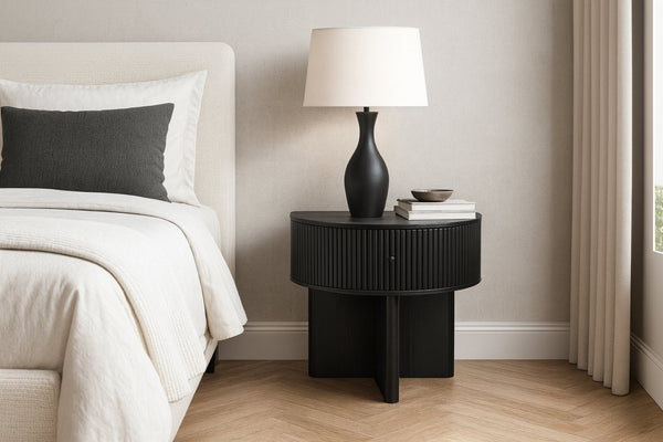 Meridian Furniture Cortland Fluted Acacia Wood Nightstand Mid-century Modern Bedside with Drawer and Storage Black 748Black-NS