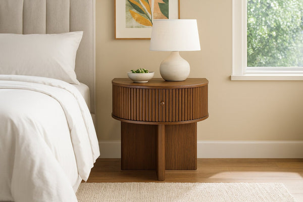 Meridian Furniture Cortland Fluted Acacia Wood Nightstand Mid-century Modern Bedside with Drawer and Storage Brown 748Brown-NS
