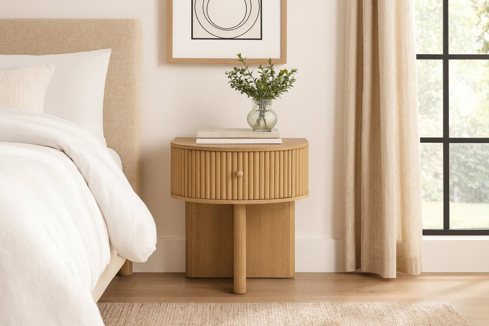 Meridian Furniture Cortland Fluted Acacia Wood Nightstand Mid-century Modern Bedside with Drawer and Storage Natural 748Oak-NS