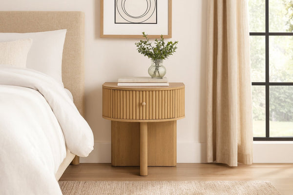 Meridian Furniture Cortland Fluted Acacia Wood Nightstand Mid-century Modern Bedside with Drawer and Storage Natural 748Oak-NS