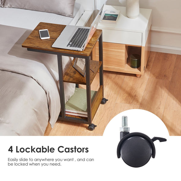 English Elm Shaped End Table with Lockable Wheels and Two-Tier Storage — C-Shape Rolling Side Table for Sofa Brown T3623P409440