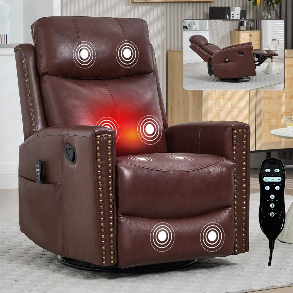 English Elm Wine Red Genuine Leather Swivel Rocker Recliner with Massage Heat for Living Room W1803P323712