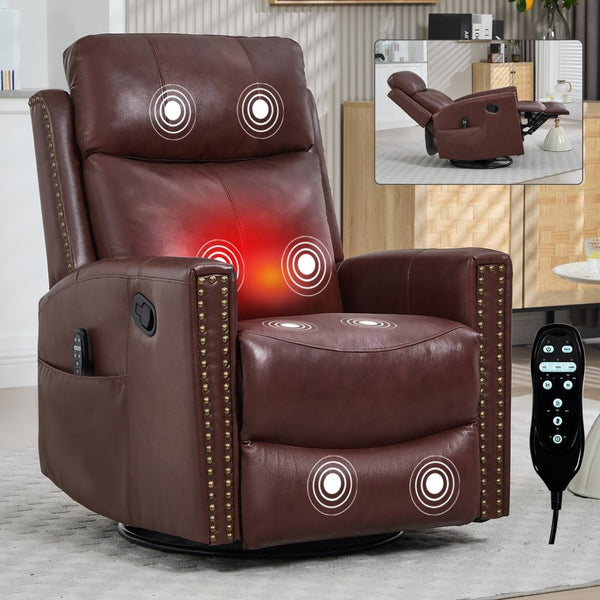 English Elm Wine Red Genuine Leather Swivel Rocker Recliner with Massage Heat for Living Room W1803P323712
