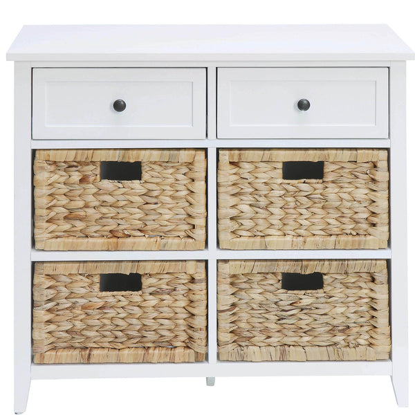 English Elm White 6-Drawer Console Cabinet with Wicker Front Basket, Durable MDF Veneer, KD Assembly, Classic Chic Appeal B062P209185