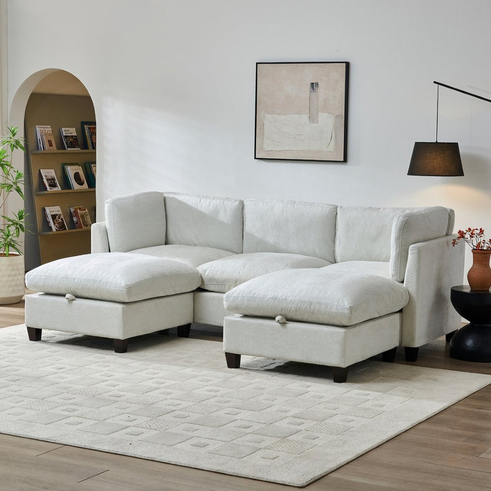 English Elm 96.5" L-shaped Chenille Sectional with Storage Ottoman Eucalyptus Frame Living Room Beige W1097S00284