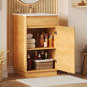 English Elm 20-inch Farmhouse Bathroom Vanity with Ceramic Sink, Freestanding Single Cabinet, Soft-Close Door, Adjustable Shelf, Natural Wood-Grain Finish N710P334910P