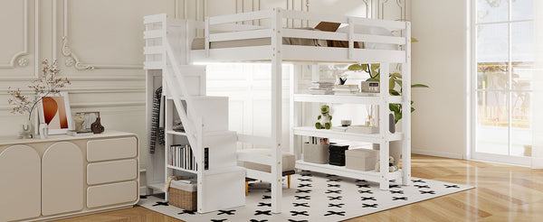 English Elm Full Size Loft Bed With Integrated Shelves, Storage Staircase, Small Wardrobe & Led Lighting N7090000472K