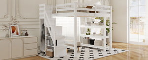 English Elm Full Size Loft Bed with Wardrobe Storage Staircase Shelves and Led Lighting N7090000472K-1