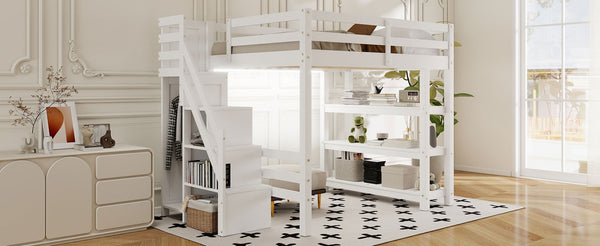 English Elm Full Size Loft Bed with Wardrobe Storage Staircase Shelves and Led Lighting N7090000472K-1