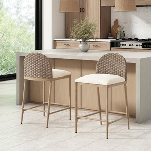 English Elm 25" Farmhouse Counter Stools Set of 2 Woven Rattan Back Iron Frame Kitchen Island N762P329154D