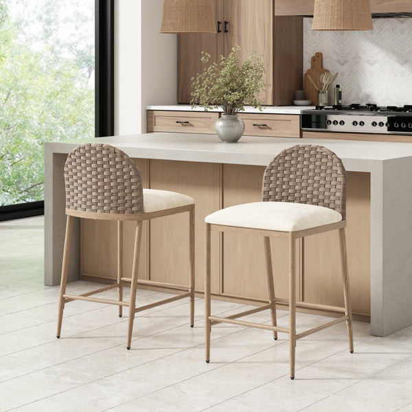 English Elm 25" Farmhouse Counter Stools Set of 2 Woven Rattan Back Iron Frame Kitchen Island N762P329154D