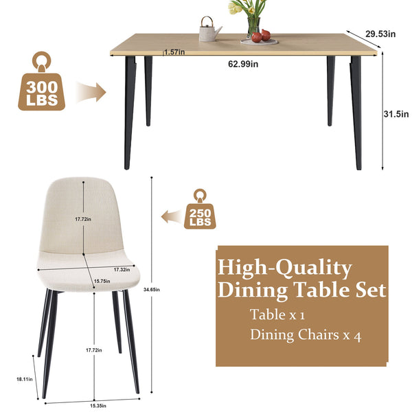 English Elm 63-Inch Farmhouse Industrial Dining Table Set With 4 Beige Chairs - Rustic Charm For Dining & Patio W2699S00065