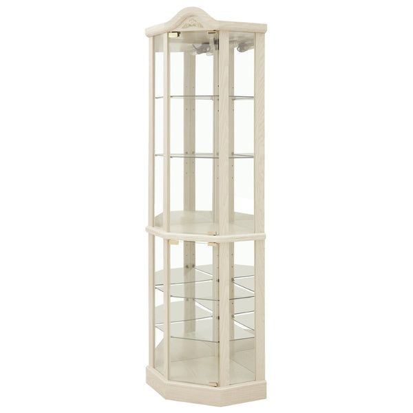 English Elm Glass Corner Curio Cabinet Lighted Dark Wood Display with Carved Crown Floral Detail White W2275P292644