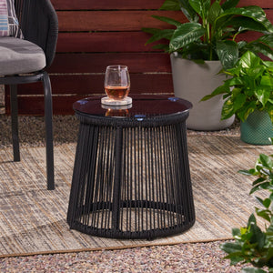 English Elm Christopher Knight Home® - MOONSTONE Modern Woven Rope Side Table with Tempered Glass Top, Black Iron Frame, Handcrafted Durable Chic 67842.00BLK
