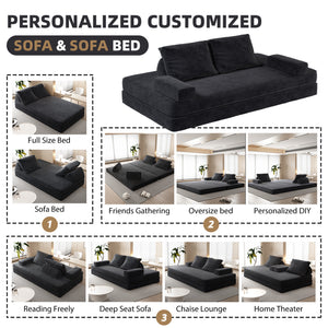 English Elm 86.6"Multifunctional Folding Sofa Bed with Chaise, Fluffy Chenille, Removable Backs & Pillows, Deep Seat Lounge DARK GREY W3219P340667