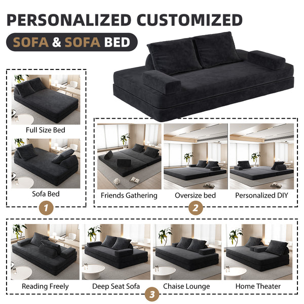 English Elm 86.6"Multifunctional Folding Sofa Bed with Chaise, Fluffy Chenille, Removable Backs & Pillows, Deep Seat Lounge DARK GREY W3219P340667
