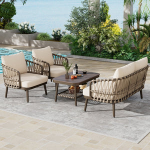 English Elm Christopher Knight Home® - 4-Piece Outdoor Patio Set with Woven Rope U-Back, Steel Frame, Thick Cushions & Acacia Table for Garden Brown+Beige N780P209458R