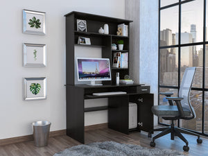 English Elm Compu 180 Hutch Desk With Shelves, Drawer & Keyboard Tray - Stylish Black Design For Small Spaces B200S00006
