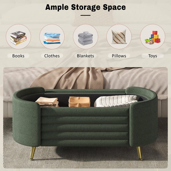 English Elm Modern Boucle Tufted Storage Ottoman Bench with Gold Legs for Bedroom or Entryway Green N719P305628F