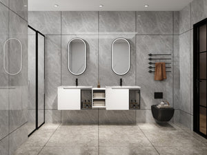English Elm 72" Floating Double Bathroom Vanity Plywood Cabinet Ceramic Sinks Soft Close Doors W999S00533