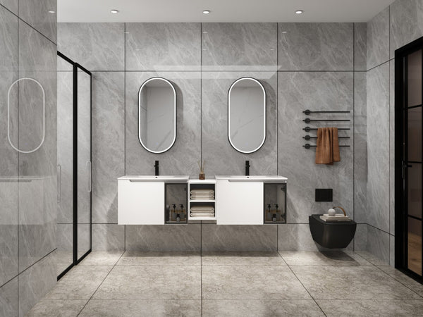 English Elm 72" Floating Double Bathroom Vanity Plywood Cabinet Ceramic Sinks Soft Close Doors W999S00533