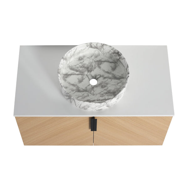 English Elm 36" Modern Wall-Mounted Bathroom Vanity With Soft-Close Doors, Ceramic Sink & Durable Oak Finish W999S00451