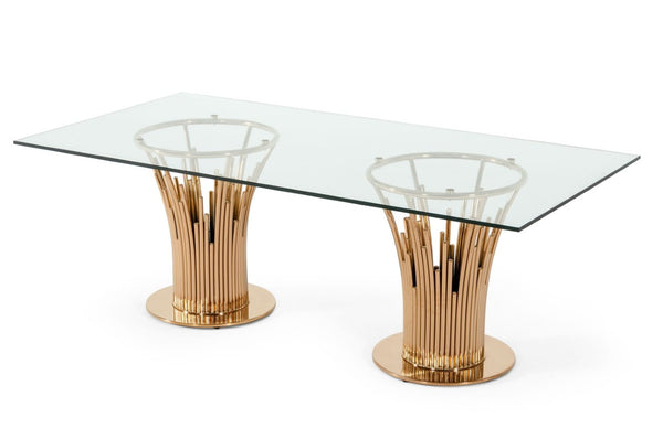 VIG Furniture Paxton Rosegold Vase-Base Glass Dining Table — Tempered 87"X43" Rectangular Top Seats 6–8 Stylishly VGVCT817L