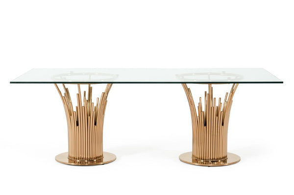 VIG Furniture Paxton Rosegold Vase-Base Glass Dining Table — Tempered 87"X43" Rectangular Top Seats 6–8 Stylishly VGVCT817L
