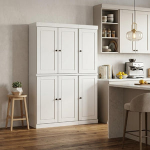72 Inch Solid White Wood Pantry Cabinet Six Doors One Drawer Tall Kitchen Storage