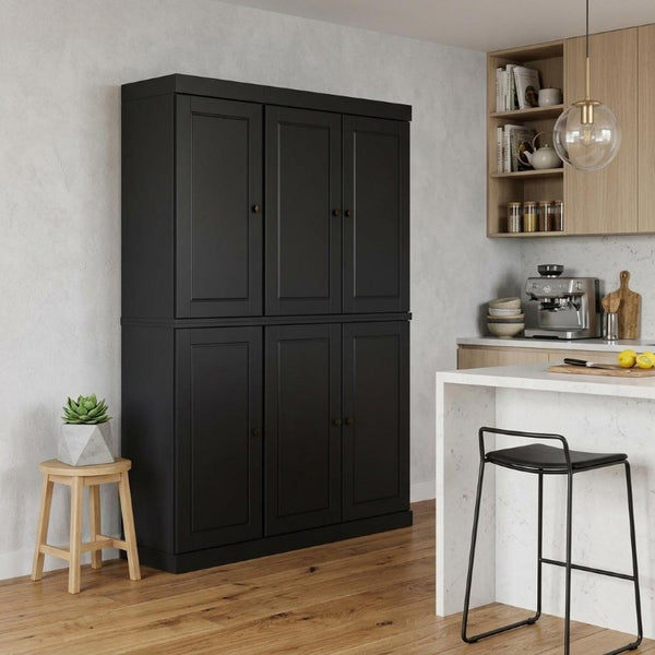 72 Inch Solid Black Wood Pantry Cabinet with Six Doors and Two Drawers for Storage