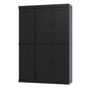 72 Inch Solid Black Wood Pantry Cabinet with Six Doors and Two Drawers for Storage