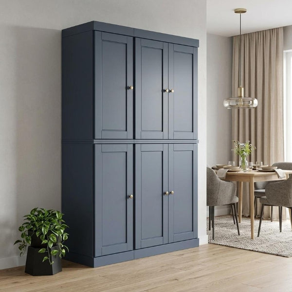 72 Inch Solid Wood Six Door Pantry Cabinet with Two Drawers in French Blue
