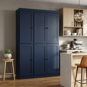 72 Inch Solid Wood Pantry Cabinet Six Doors Two Drawers Navy Kitchen Storage