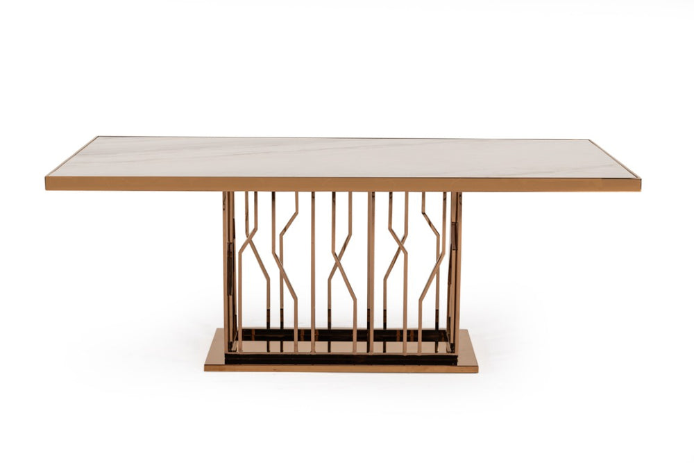 VIG Furniture Marston White Marble Dining Table With Sculptural Rosegold Stainless Steel Base, Seats 4–6 Elegantly VGVCT8919-M