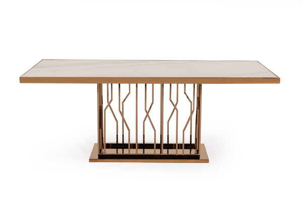 VIG Furniture Marston White Marble Dining Table With Sculptural Rosegold Stainless Steel Base, Seats 4–6 Elegantly VGVCT8919-M