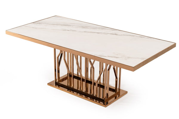 VIG Furniture Marston White Marble Dining Table With Sculptural Rosegold Stainless Steel Base, Seats 4–6 Elegantly VGVCT8919-M