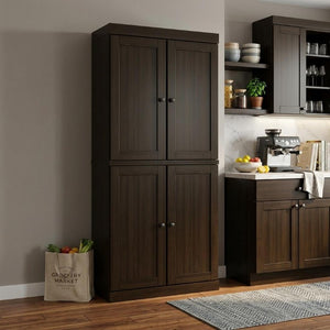 72 Inch Espresso Solid Wood Freestanding Pantry Cabinet with Four Doors